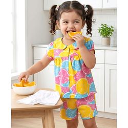 Babyhug Cotton Knit Half Sleeves Top & Shorts Co-ord Night Suit with Lime Print - Multicolor