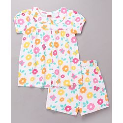 Babyhug Cotton Knit Half Sleeves Top & Shorts Co-ord Night Suit with Floral Print - Multicolor