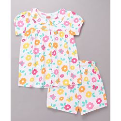 Babyhug Cotton Knit Half Sleeves Top & Shorts Co-ord Night Suit with Floral Print - Multicolor