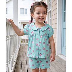 Babyhug Cotton Knit Half Sleeves Star Fish Printed Co-Ords Top & Shorts Night Suit - Light Blue