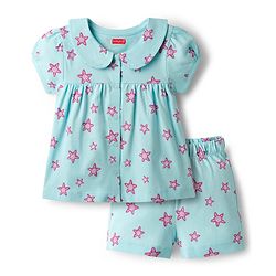 Babyhug Cotton Knit Half Sleeves Star Fish Printed Co-Ords Top & Shorts Night Suit - Light Blue