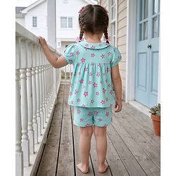 Babyhug Cotton Knit Half Sleeves Star Fish Printed Co-Ords Top & Shorts Night Suit - Light Blue