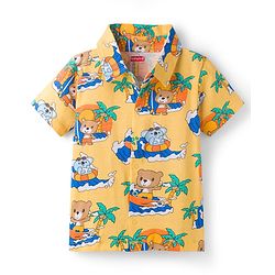 Babyhug Cotton Knit Half Sleeves Front Open Shirt & Shorts Co-Ords Night Suit Bear Print - Yellow