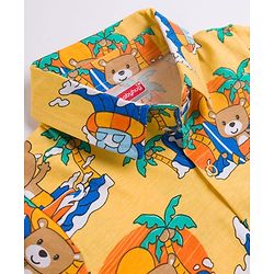 Babyhug Cotton Knit Half Sleeves Front Open Shirt & Shorts Co-Ords Night Suit Bear Print - Yellow
