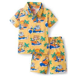 Babyhug Cotton Knit Half Sleeves Front Open Shirt & Shorts Co-Ords Night Suit Bear Print - Yellow