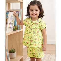 Babyhug Cotton Knit Half Sleeves Top & Shorts Co-ord Night Suit with Floral Print - Green