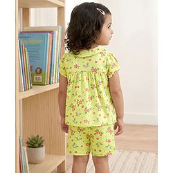 Babyhug Cotton Knit Half Sleeves Top & Shorts Co-ord Night Suit with Floral Print - Green
