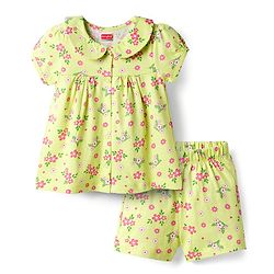 Babyhug Cotton Knit Half Sleeves Top & Shorts Co-ord Night Suit with Floral Print - Green