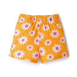 Babyhug Cotton Knit Half Sleeves Top & Shorts Co-ord Night Suit with Floral Print - Orange