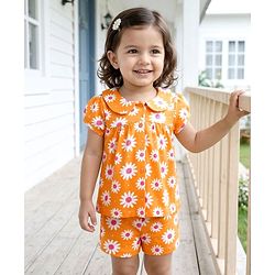Babyhug Cotton Knit Half Sleeves Top & Shorts Co-ord Night Suit with Floral Print - Orange