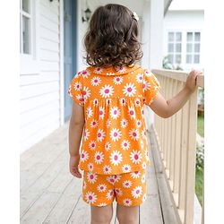 Babyhug Cotton Knit Half Sleeves Top & Shorts Co-ord Night Suit with Floral Print - Orange
