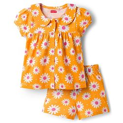 Babyhug Cotton Knit Half Sleeves Top & Shorts Co-ord Night Suit with Floral Print - Orange