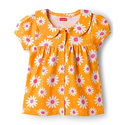 Babyhug Cotton Knit Half Sleeves Top & Shorts Co-ord Night Suit with Floral Print - Orange