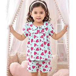 Babyhug Cotton Knit Half Sleeves Top & Shorts Co-ord Night Suit with Heart Print - Blue