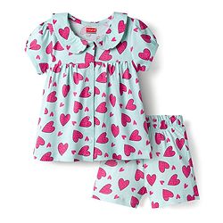 Babyhug Cotton Knit Half Sleeves Top & Shorts Co-ord Night Suit with Heart Print - Blue