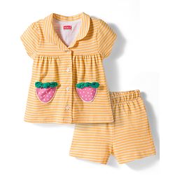 Babyhug Cotton Knit Half Sleeves Front Open Top & Shorts Night Suit Set - Orange