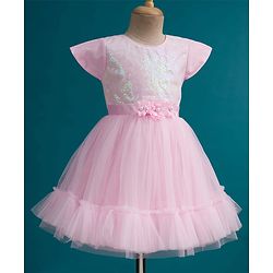 Babyhug Mesh Woven Half Sleeves Fit & Flared Party Dress with Floral Corsage & Sequin Detailing - Dark Pink