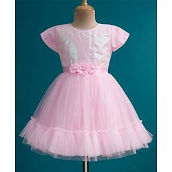 Babyhug Mesh Woven Half Sleeves Fit & Flared Party Dress with Floral Corsage & Sequin Detailing - Dark Pink
