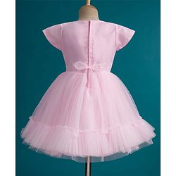 Babyhug Mesh Woven Half Sleeves Fit & Flared Party Dress with Floral Corsage & Sequin Detailing - Dark Pink