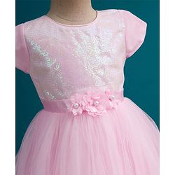 Babyhug Mesh Woven Half Sleeves Fit & Flared Party Dress with Floral Corsage & Sequin Detailing - Dark Pink