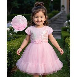 Babyhug Mesh Woven Half Sleeves Fit & Flared Party Dress with Floral Corsage & Sequin Detailing - Dark Pink