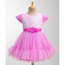 Babyhug Mesh Woven Half Sleeves Fit & Flared Tiered Party Frock with Sequin & Corsage Detailing- Lavender