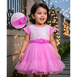 Babyhug Mesh Woven Half Sleeves Fit & Flared Tiered Party Frock with Sequin & Corsage Detailing- Lavender