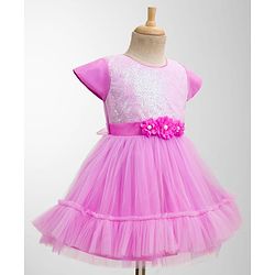 Babyhug Mesh Woven Half Sleeves Fit & Flared Tiered Party Frock with Sequin & Corsage Detailing- Lavender