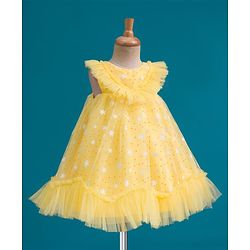 Babyhug Mesh Woven Sleeveless Party Dress With Floral & Polka Dot Print - Yellow
