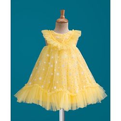 Babyhug Mesh Woven Sleeveless Party Dress With Floral & Polka Dot Print - Yellow