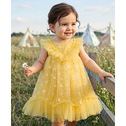 Babyhug Mesh Woven Sleeveless Party Dress With Floral & Polka Dot Print - Yellow