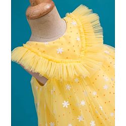 Babyhug Mesh Woven Sleeveless Party Dress With Floral & Polka Dot Print - Yellow