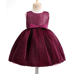 Babyhug Mesh Woven Sleeveless Sequinned Party Wear Frock With Bow Applique - Wine