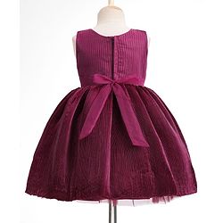 Babyhug Mesh Woven Sleeveless Sequinned Party Wear Frock With Bow Applique - Wine