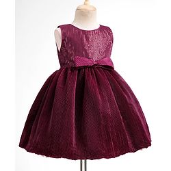 Babyhug Mesh Woven Sleeveless Sequinned Party Wear Frock With Bow Applique - Wine