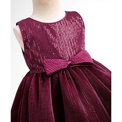 Babyhug Mesh Woven Sleeveless Sequinned Party Wear Frock With Bow Applique - Wine