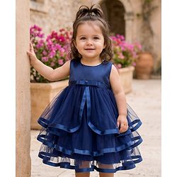 Babyhug Mesh Woven Sleeveless Solid Party Dress With Bow Applique - Navy Blue