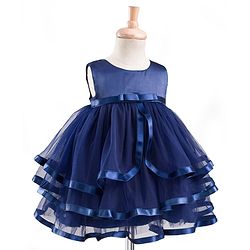 Babyhug Mesh Woven Sleeveless Solid Party Dress With Bow Applique - Navy Blue