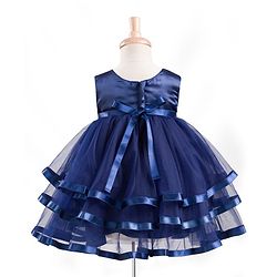 Babyhug Mesh Woven Sleeveless Solid Party Dress With Bow Applique - Navy Blue
