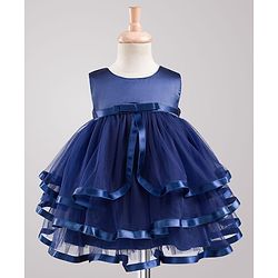 Babyhug Mesh Woven Sleeveless Solid Party Dress With Bow Applique - Navy Blue