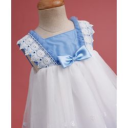 Babyhug Woven Sleeveless Mesh Party Dress with with Bow Applique Lace Detailing & Embroidery - Blue