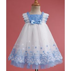Babyhug Woven Sleeveless Mesh Party Dress with with Bow Applique Lace Detailing & Embroidery - Blue