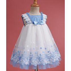 Babyhug Woven Sleeveless Mesh Party Dress with with Bow Applique Lace Detailing & Embroidery - Blue