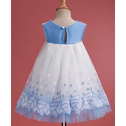 Babyhug Woven Sleeveless Mesh Party Dress with with Bow Applique Lace Detailing & Embroidery - Blue