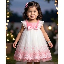 Babyhug Mesh Woven Sleeveless A Line Party Dress with Lace Detailing & Bow Applique - Dusty Pink