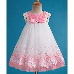 Babyhug Mesh Woven Sleeveless A Line Party Dress with Lace Detailing & Bow Applique - Dusty Pink