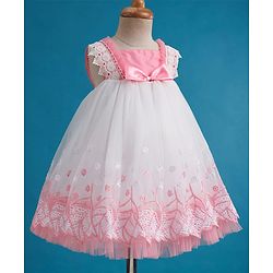 Babyhug Mesh Woven Sleeveless A Line Party Dress with Lace Detailing & Bow Applique - Dusty Pink
