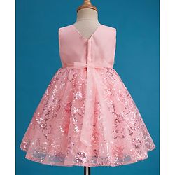 Babyhug Mesh Woven Sleeveless Fit & Flare Party Dress with Bow Applique & Sequin Detailing - Peach
