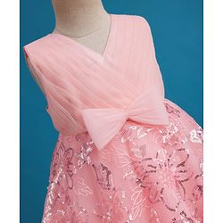 Babyhug Mesh Woven Sleeveless Fit & Flare Party Dress with Bow Applique & Sequin Detailing - Peach
