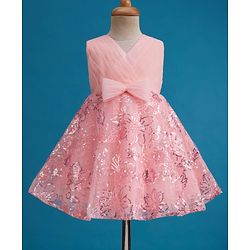 Babyhug Mesh Woven Sleeveless Fit & Flare Party Dress with Bow Applique & Sequin Detailing - Peach